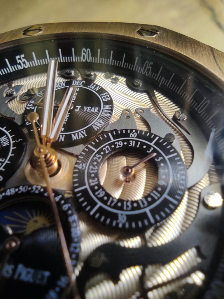 Close-up of a luxury watch's intricate mechanism, capturing detailed craftsmanship and elegance.